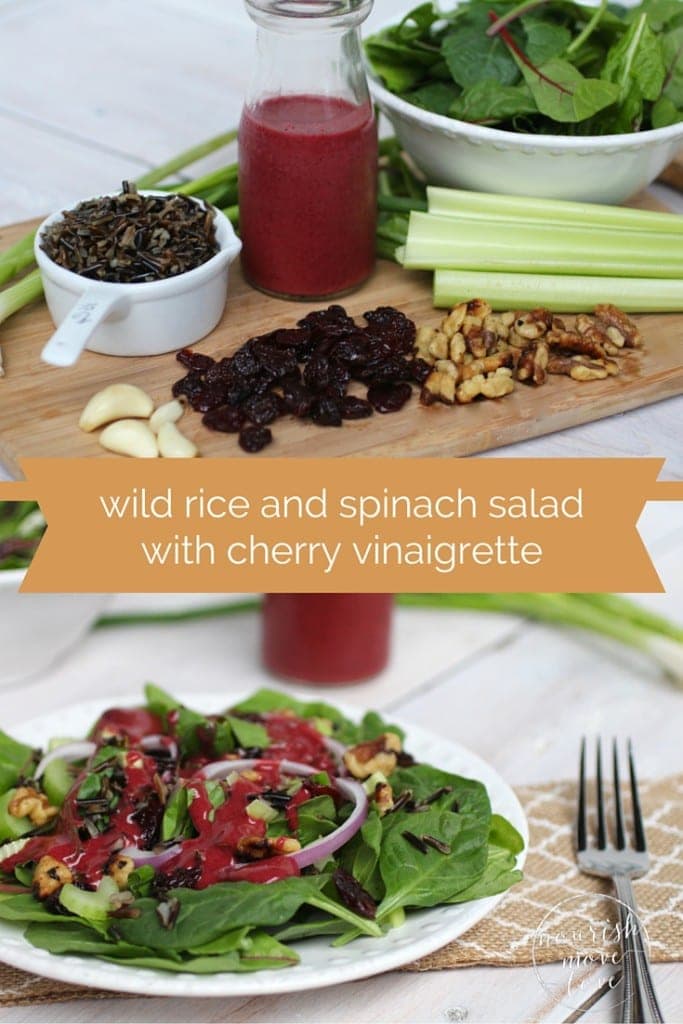 Pin for Pinterest of a wild rice and spinach salad with a cherry vinaigrette