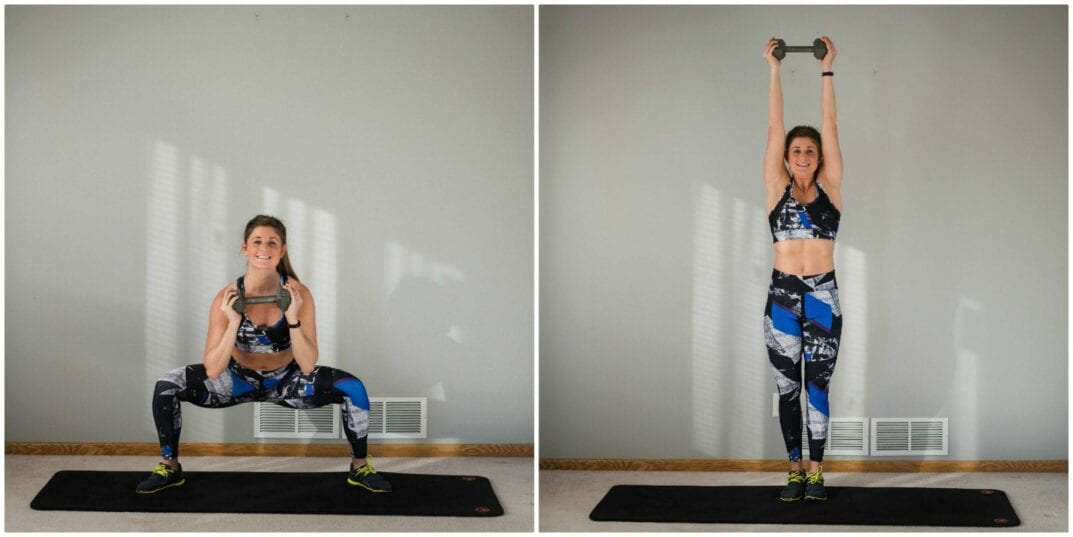 total body workout with just one dumbbell -- squat jack with push press -- www.nourishmovelove.com