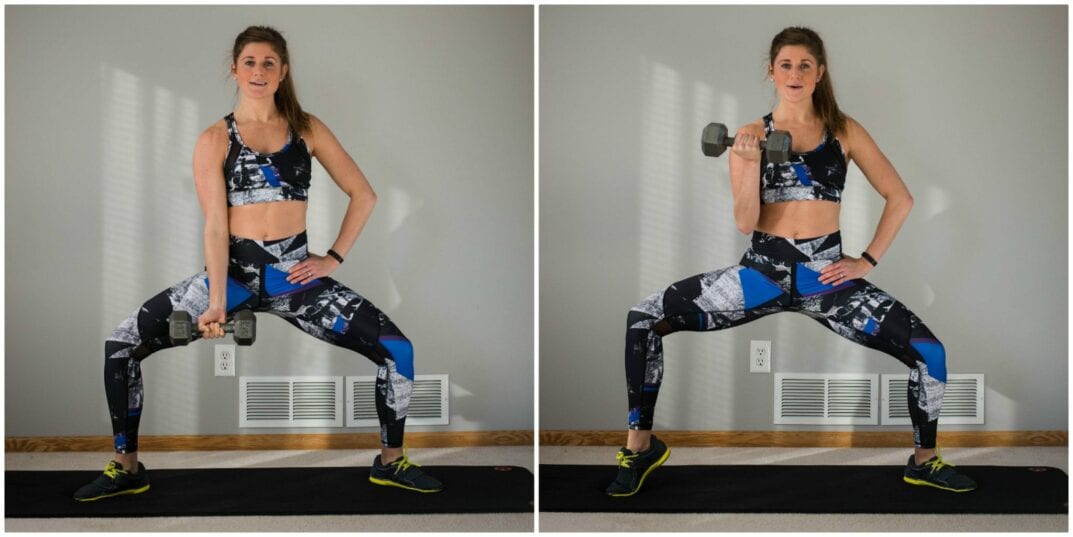 total body workout with just one dumbbell -- sumo squat with curl -- www.nourishmovelove.com