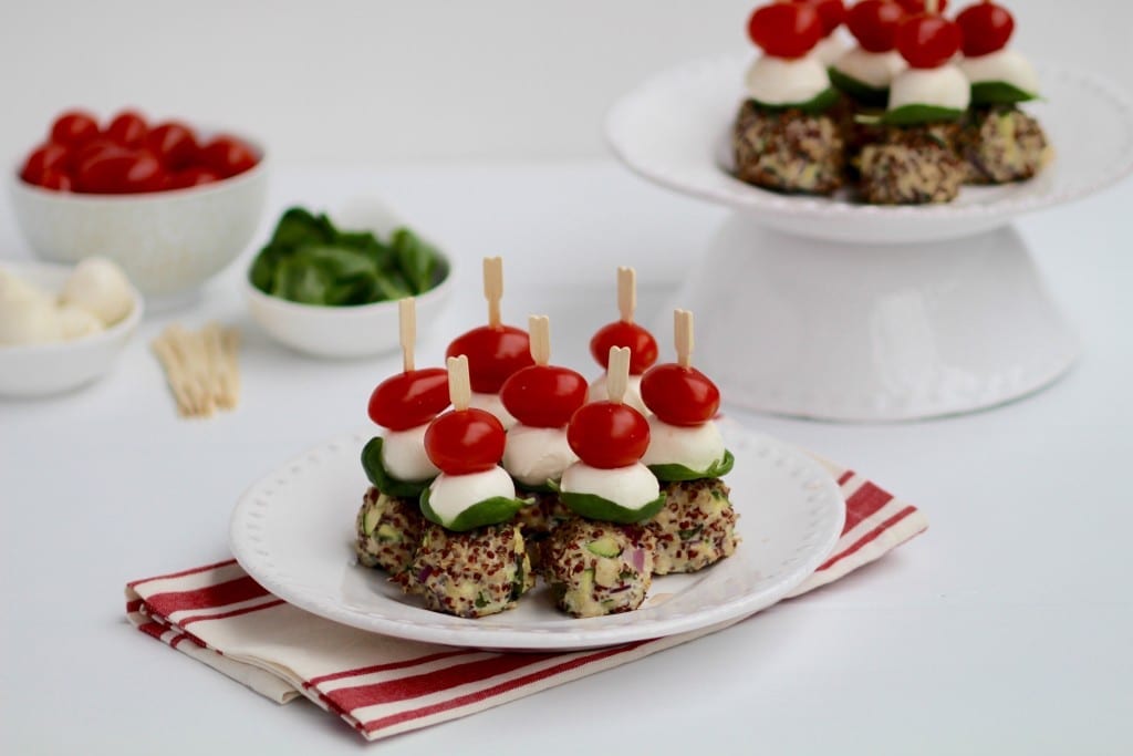 turkey, quinoa & zucchini caprese meatball skewers party appetizer recipe -- www.nourishmovelove.com