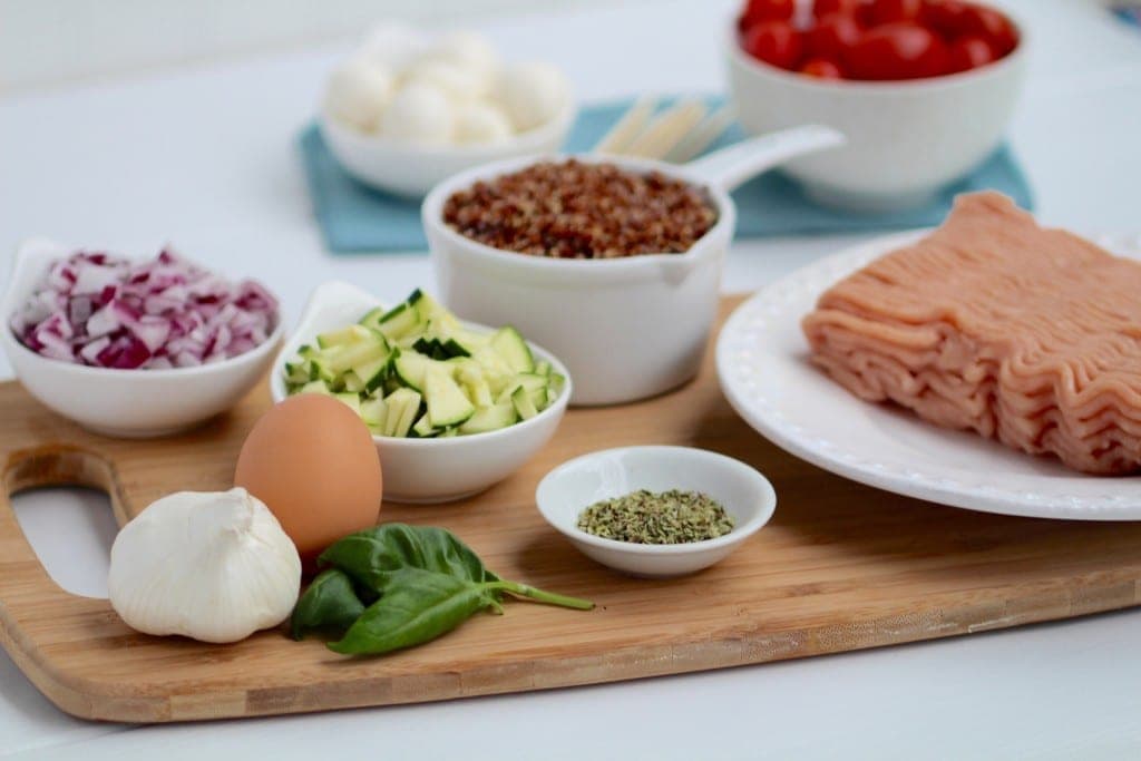 turkey, quinoa & zucchini caprese meatball skewers party appetizer ingredients -- www.nourishmovelove.com