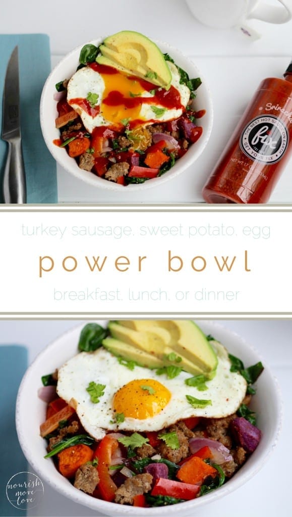 Pin for Pinterest of a turkey sausage and egg power bowl