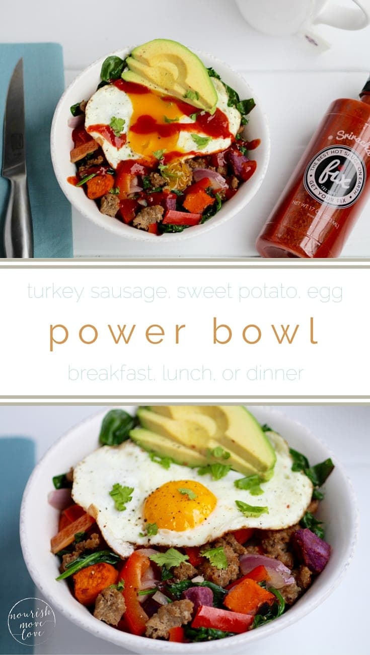 forget oatmeal, this sweet potato, turkey sausage, egg bowl has you covered for breakfast, lunch or dinner! this savory power bowl is packed with nutritional superstars -- sweet potato, avocado, turkey sausage, greens, and eggs | www.nourishmovelove.com