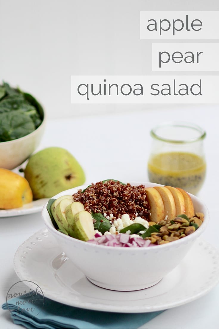 simple apple, pear, quinoa salad + lemon poppyseed dressing | freshen up lunchtime with this delicious and simple quinoa and spinach salad with apples, pears, pistachios, and topped with a homemade lemon poppyseed vinaigrette. | www.nourishmovelove.com