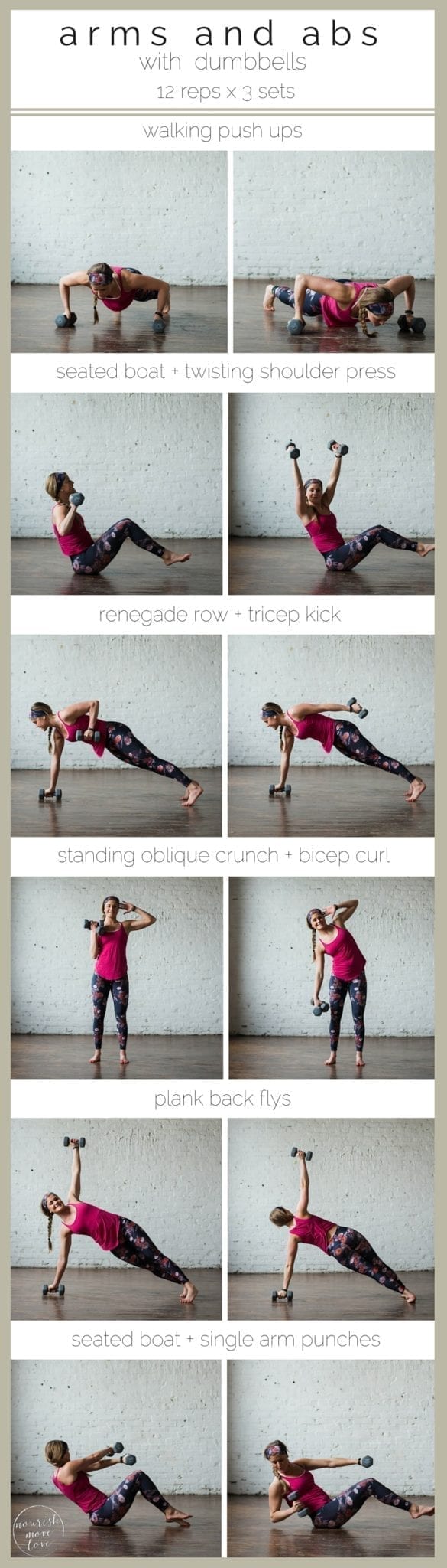 6-move arms and abs workout to strengthen and tone |6-moves, 20 minutes, and a set of 5-15 pound dumbbells is all you need to move through this arms and abs strength training and toning workout. | www.nourishmovelove.com
