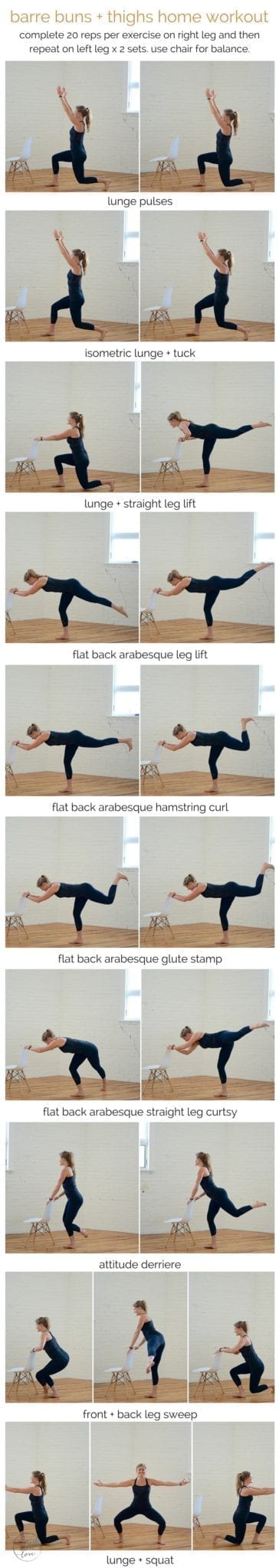 barre buns + thighs home workout | Grab a chair and get ready to tone your derriere with these 10 ballet-inspired moves! | www.nourishmovelove.com