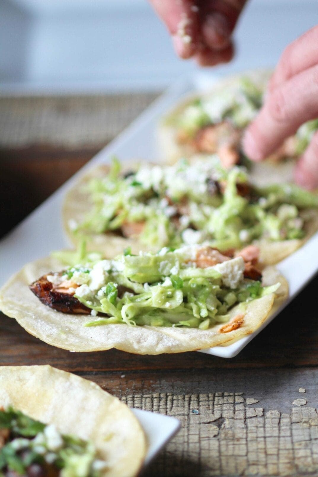 blackened salmon tacos + creamy avocado slaw