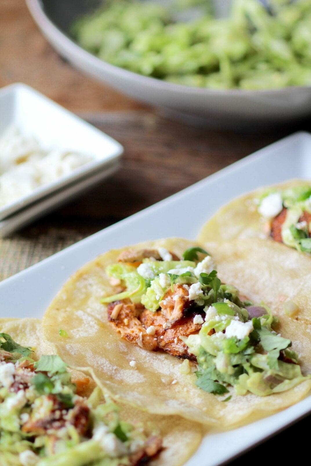 blackened salmon tacos + creamy avocado slaw