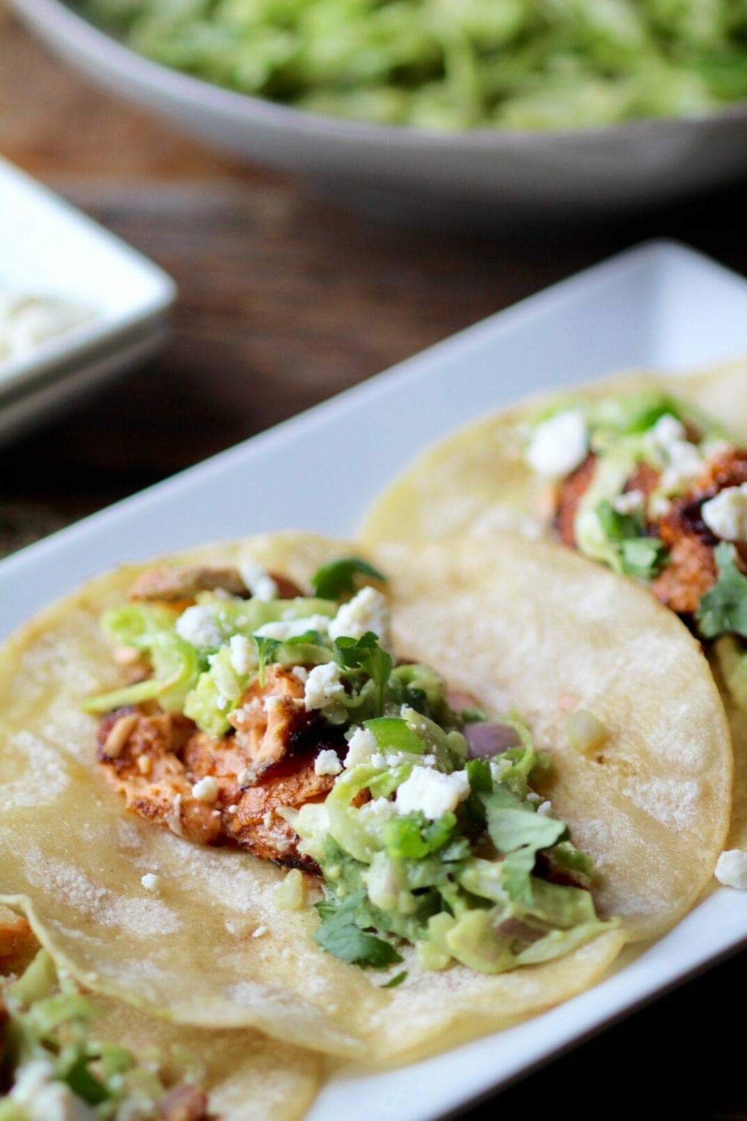 blackened salmon tacos + creamy avocado slaw