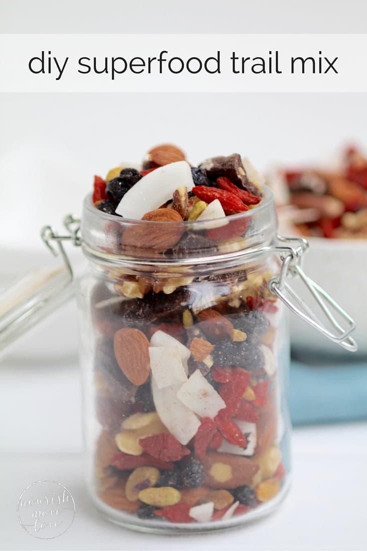 healthy superfood trail mix | go nuts! this delicious blend of crunchy, chewy, sweet, and satisfying superfood trail mix is sure to curb every snack craving and deliver a sustainable burst of energy. | www.nourishmovelove.com