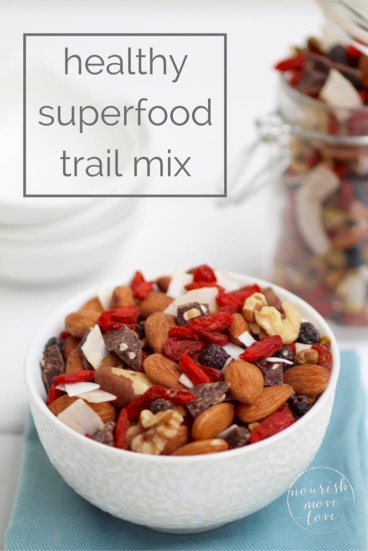 healthy superfood trail mix | go nuts! this delicious blend of crunchy, chewy, sweet, and satisfying superfood trail mix is sure to curb every snack craving and deliver a sustainable burst of energy. | www.nourishmovelove.com