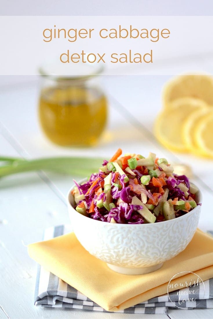 ginger cabbage detox salad + lemon tahini dressing | this ginger cabbage salad is tossed with naturally detoxifying foods like ginger, green apples, and red cabbage, and infused with a lemon tahini dressing to give you that crunchy and slightly sweet, light, summertime salad you crave! | www.nourishmovelove.com