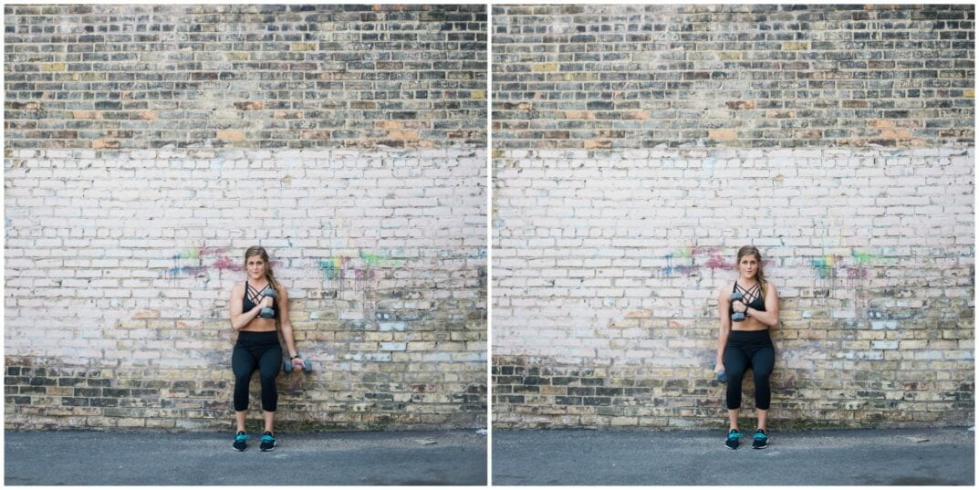 wall sit with cross body curls 