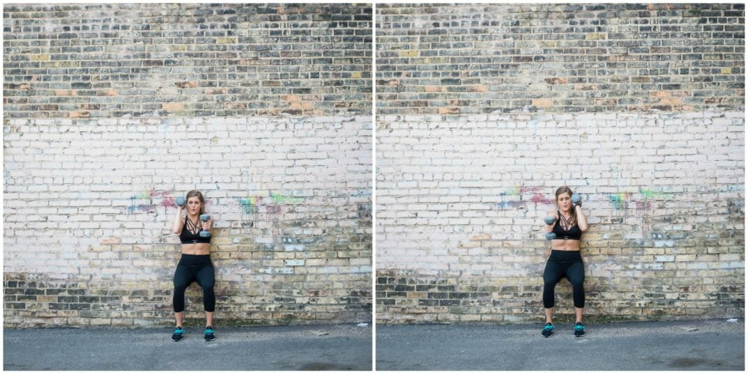 wall sit with front raise bicep kicks
