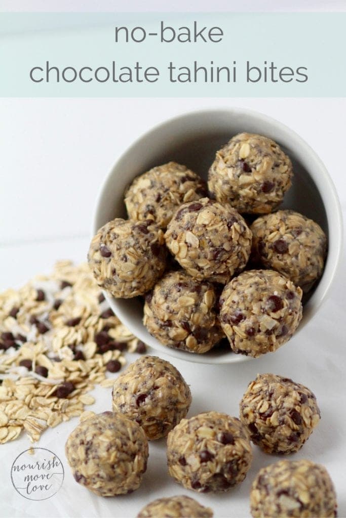 Pin for Pinterest of tahini energy bites in a bowl