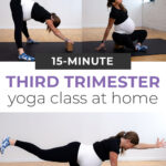 Pin for Pinterest of woman performing prenatal yoga