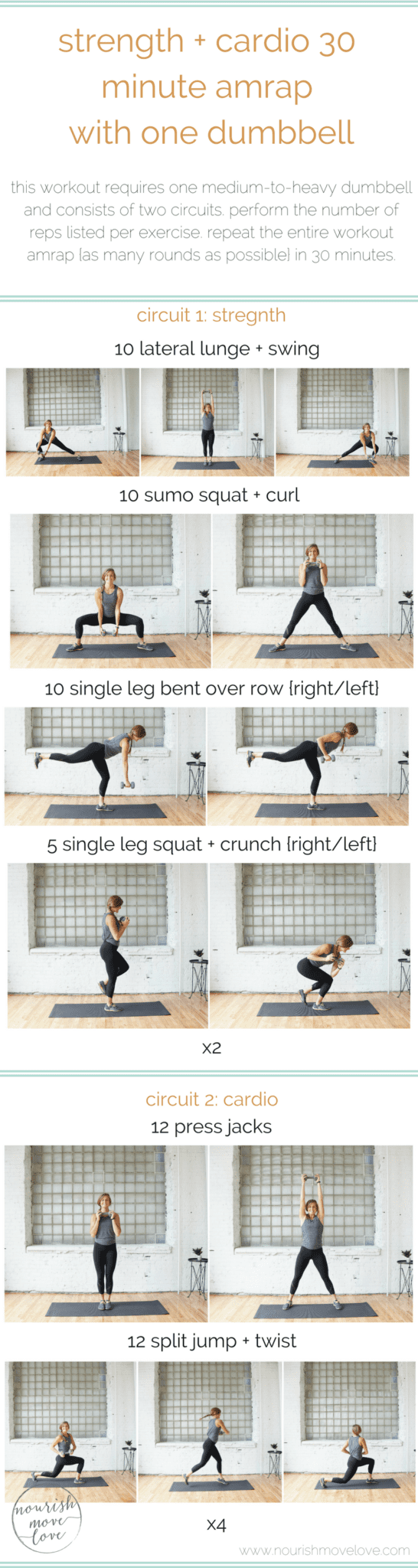 strength + cardio 30 minute amrap workout with one dumbbell | www.nourishmovelove.com
