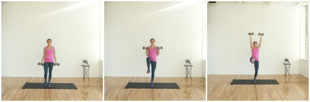 Curl to Press + Knee Raise with Kick