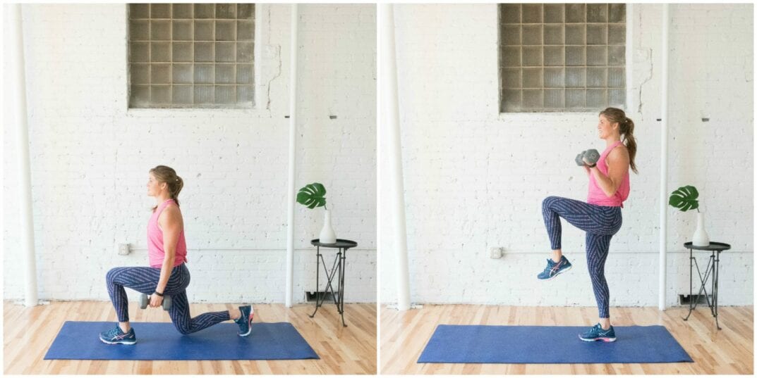 front lunge + curl with knee raise