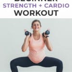 Pin for Pinterest of woman performing a low impact strength and cardio workout