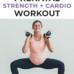 Pin for Pinterest of woman performing a low impact strength and cardio workout
