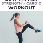 Pin for Pinterest of woman performing a low impact strength and cardio workout