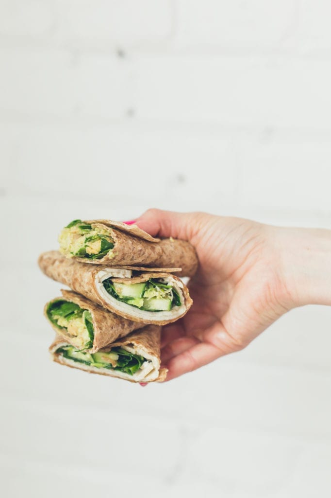 woman holding a healthy lunch wrap with turkey, avocado and greens