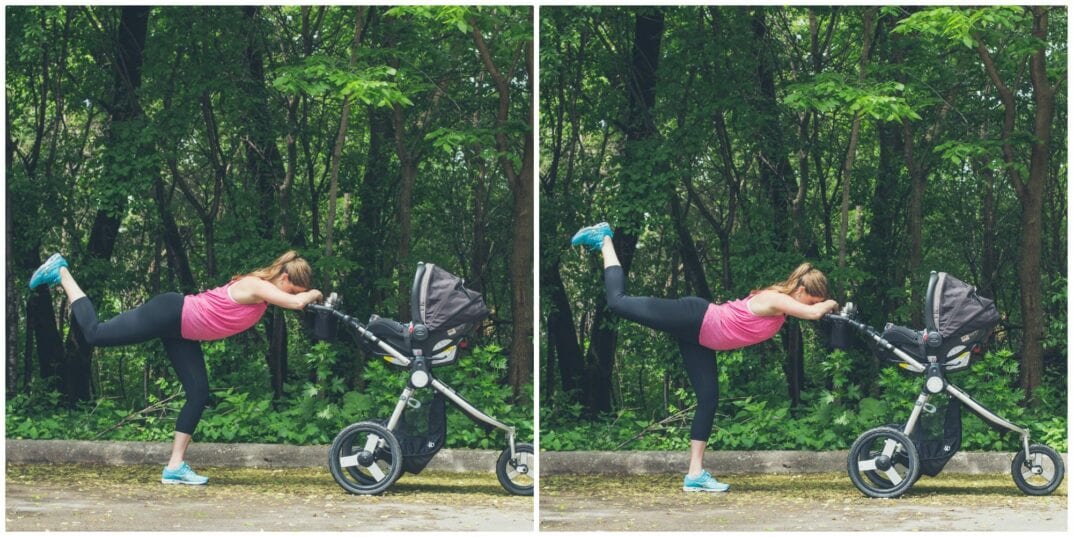 woman performing Standing Glute Stamps in a stroller workout