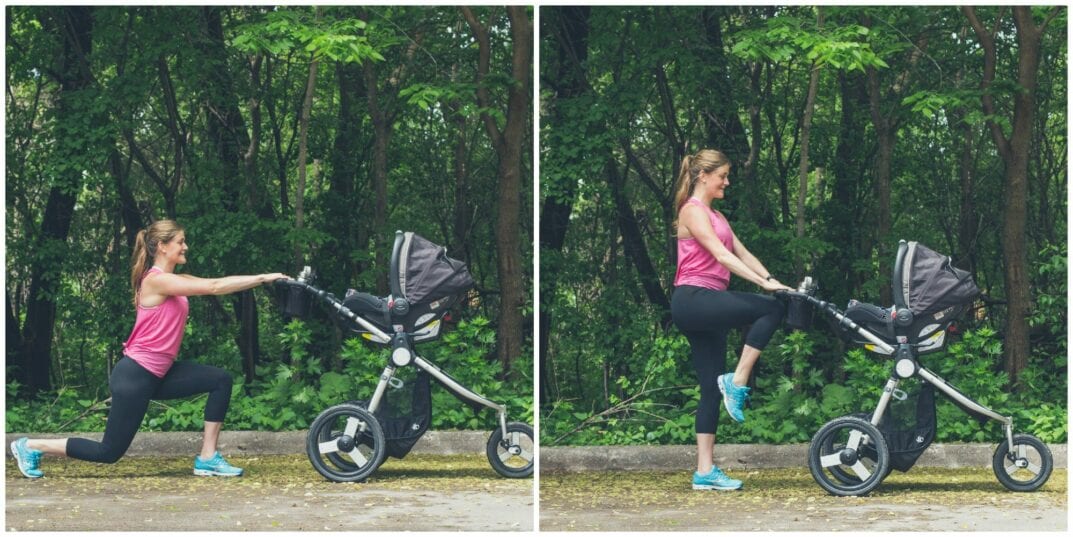 woman performing a Reverse Lunge + Knee Drive in a stroller workout