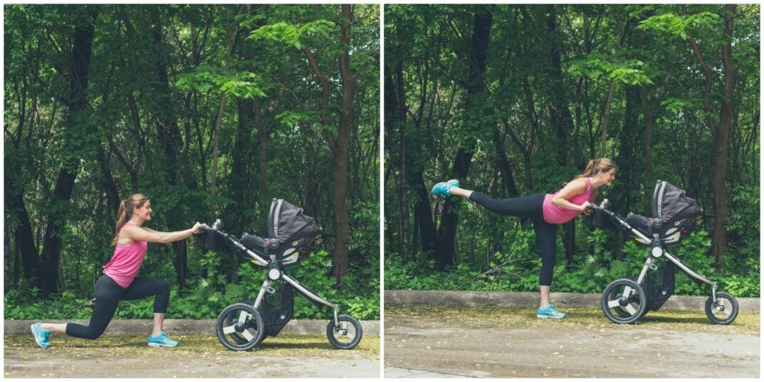 woman performing a Lunge + Rear Leg Lift in a stroller workout