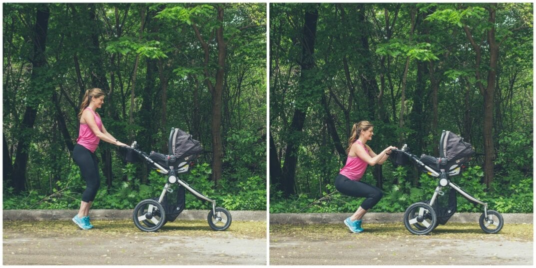 woman performing Relevè Chair Squats with a stroller