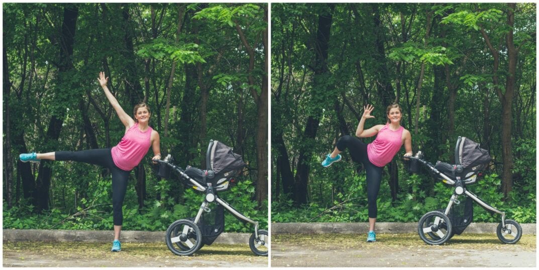 woman performing a Side Leg Lift + Oblique Crunch in a stroller workout