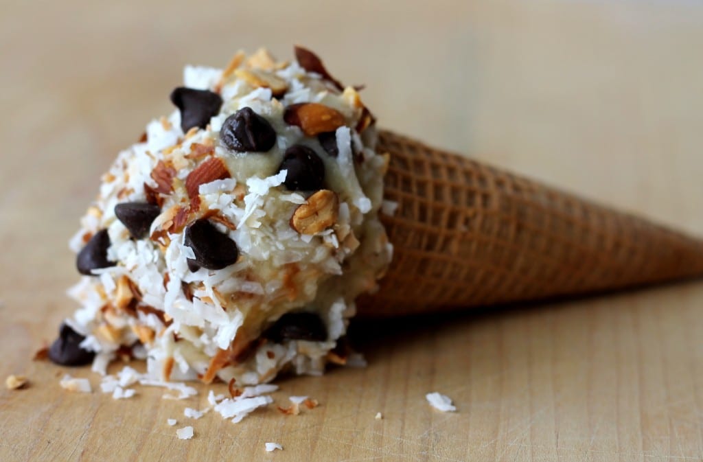 banana ice cream with toasted coconut, almonds & dark chocolate