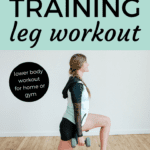 Pin for Pinterest of woman performing leg exercises with dumbbells