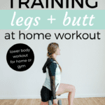 Pin for Pinterest of woman performing leg exercises with dumbbells