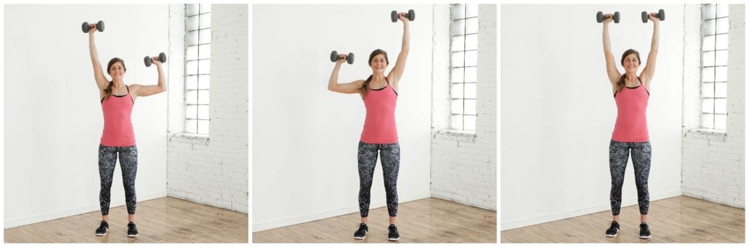 Single, Single Double Shoulder Press Exercise | upper body HIIT Workout | www.nourishmovelove.com