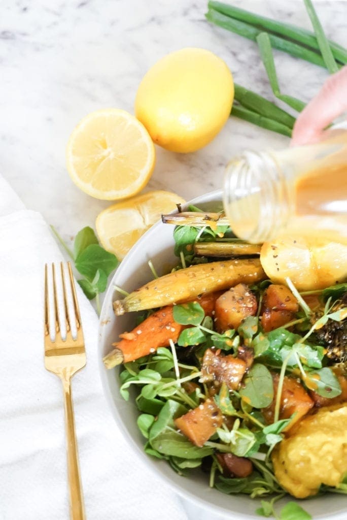 Roasted Vegetable Harvest Salad Bowl with Lemon Turmeric Dressing | Meal Prep | Vegan