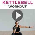 Pin for Pinterest of woman performing a kettlebell leg and ab workout