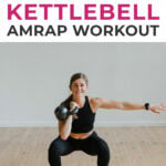 Pin for Pinterest of woman performing a kettlebell leg and ab workout