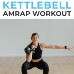 Pin for Pinterest of woman performing a kettlebell leg and ab workout