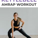 Pin for Pinterest of woman performing a kettlebell leg and ab workout