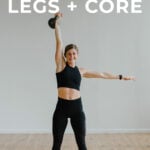 Pin for Pinterest of woman performing a kettlebell leg and ab workout