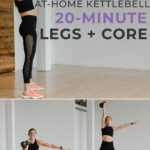 Pin for Pinterest of woman performing a kettlebell leg and ab workout