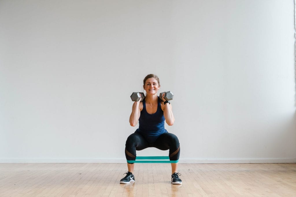 Dumbbell Squat with Mini Loop Resistance Band | leg workouts at home