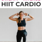 Pin for Pinterest of woman performing a HIIT cardio workout at home