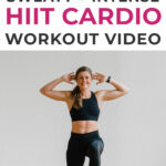 Pin for Pinterest of woman performing a HIIT cardio workout at home