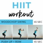 Pin for Pinterest of woman performing a HIIT workout with weights