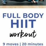 Pin for Pinterest of woman performing a HIIT workout with weights