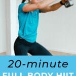 Pin for Pinterest of woman performing a HIIT workout with weights