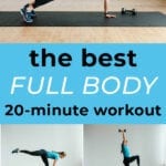 Pin for Pinterest of woman performing a HIIT workout with weights